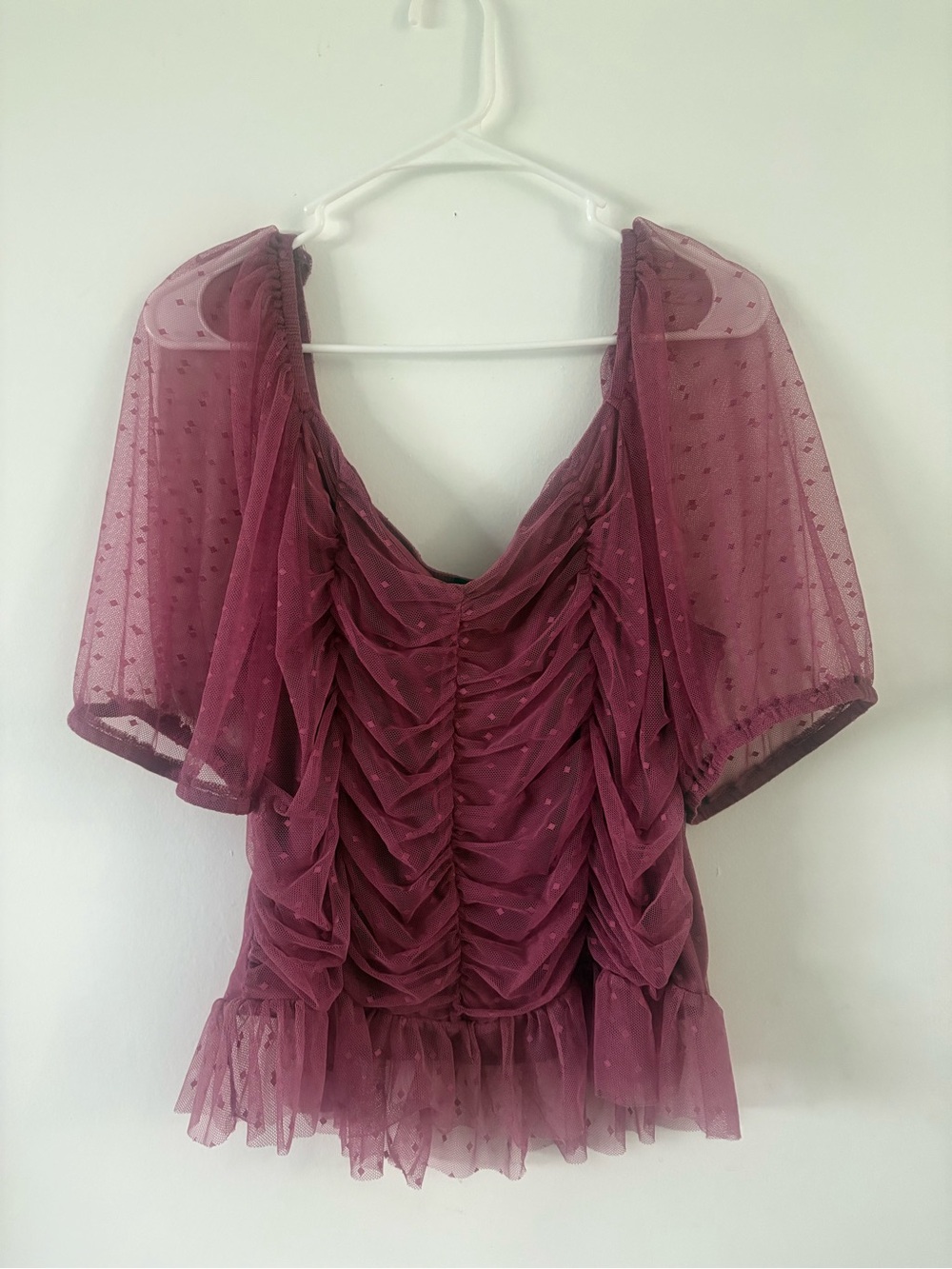 Willow Plum Ruched Mesh Short Sleeve Blouse